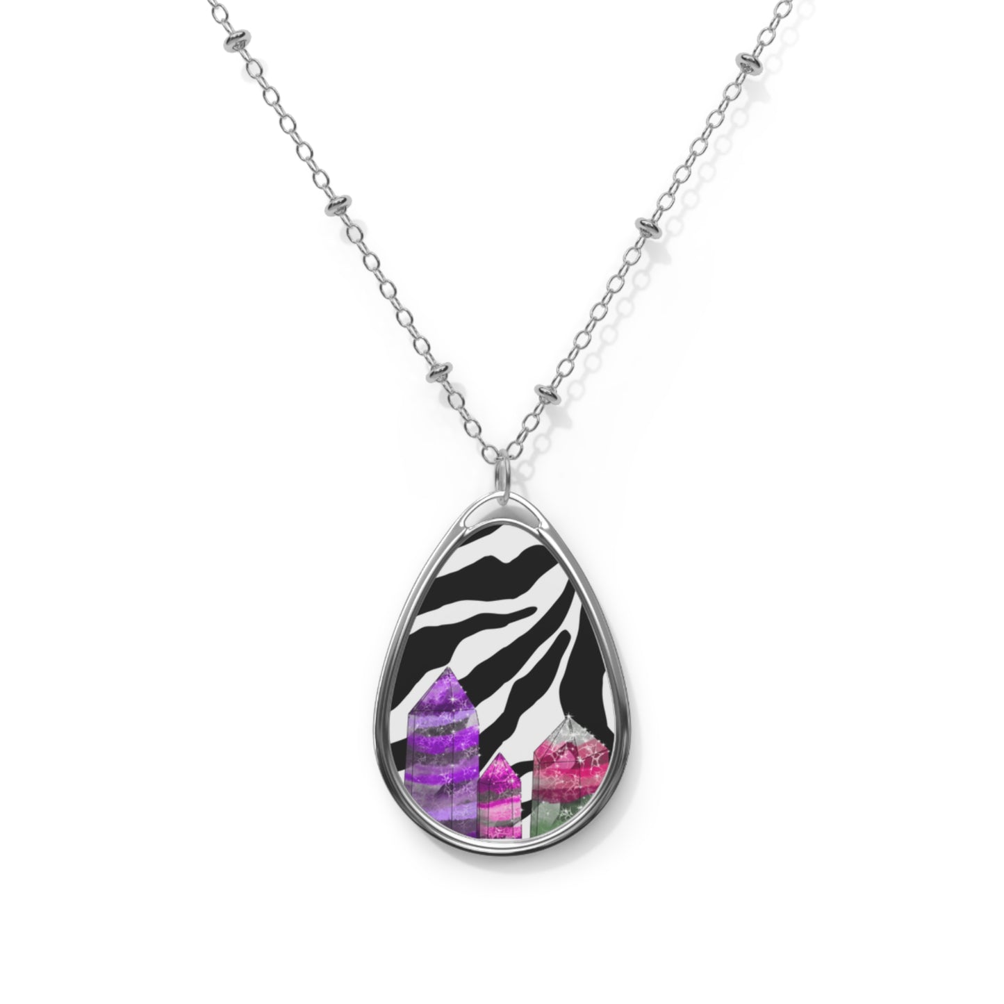 Zebra Crystal Towers  🔮 Oval Silver Necklace