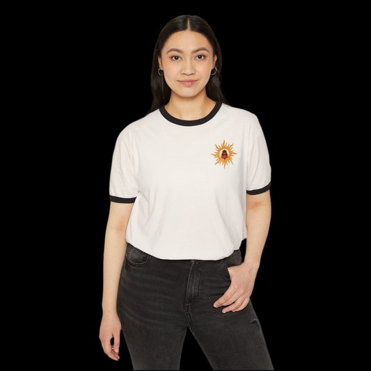Sunny Devil Ringer T-Shirt – Cream Retro Graphic Tee, Front & Back Print, Unisex Soft Fit, Vintage-Inspired Summer Shirt, Aesthetic Streetwear